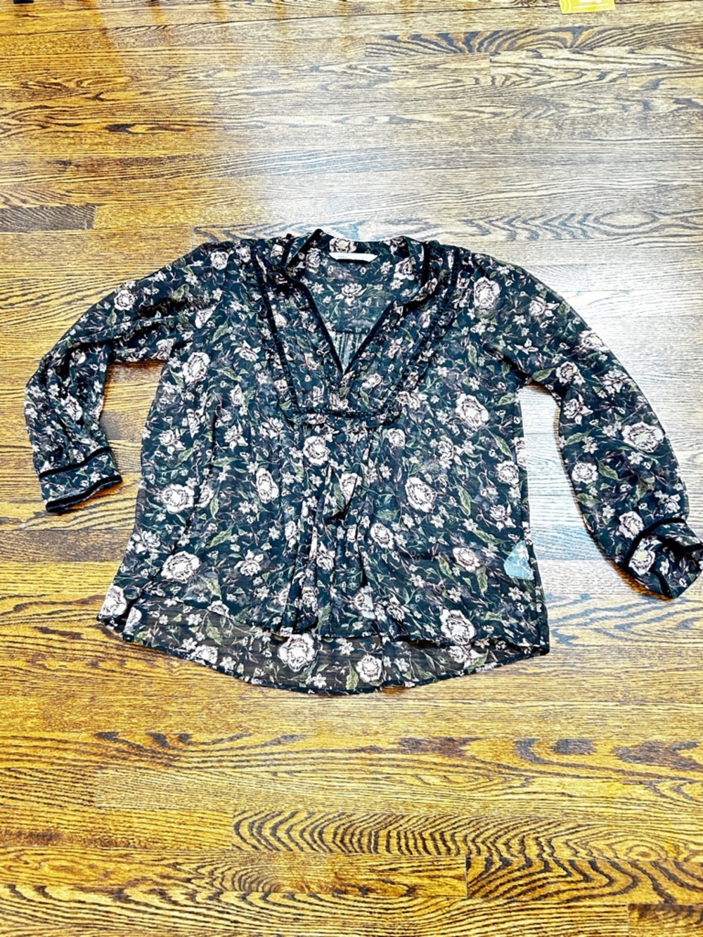 Zara Black Sheer Floral Blouse with Velvet Trim